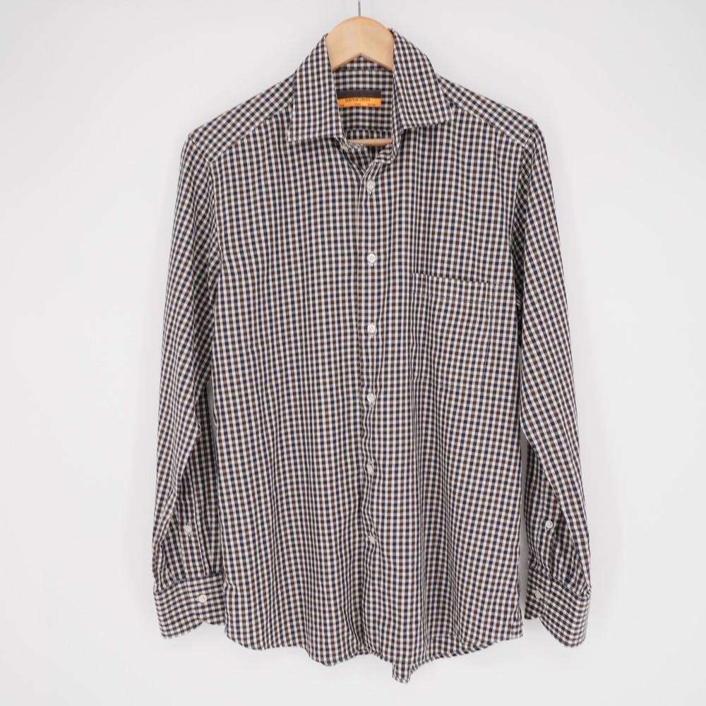 Davide Cenci Mens Button Front Shirt Mens 38/15 Brown Check Cotton Italy Luxury